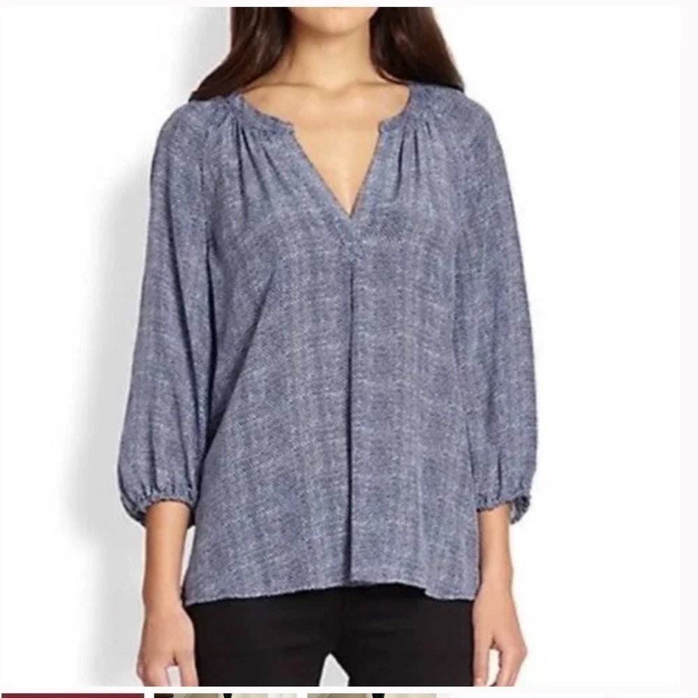 Joie Addie B Blouse Top Shirt Navy Blue White Long Sleeve 100% Silk V-Neck Small